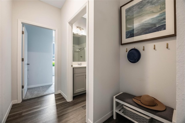 1974 Walnut Creek Dr, Kissimmee, FL 34744 - mudroom with dark wood-style flooring, baseboards, and a sink