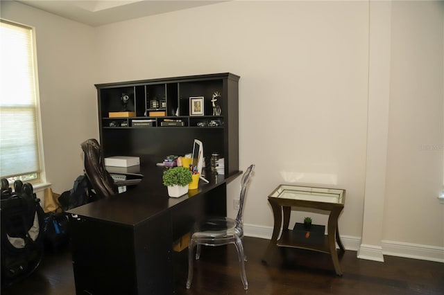 home office with dark wood-style floors and baseboards