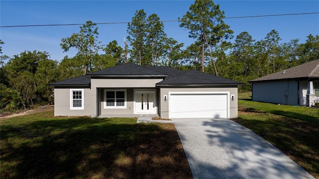 ranch-style home with stucco siding, an attached garage, a front yard, and concrete driveway