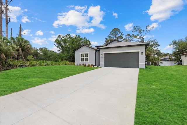 view of front of property featuring driveway, stucco siding, a front yard, an attached garage, and cooling unit
