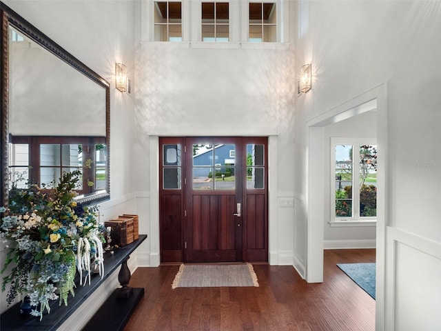 9916 Lone Tree Ln, Orlando, FL 32836 - foyer entrance featuring dark wood-style flooring, plenty of natural light, a wainscoted wall, and a high ceiling