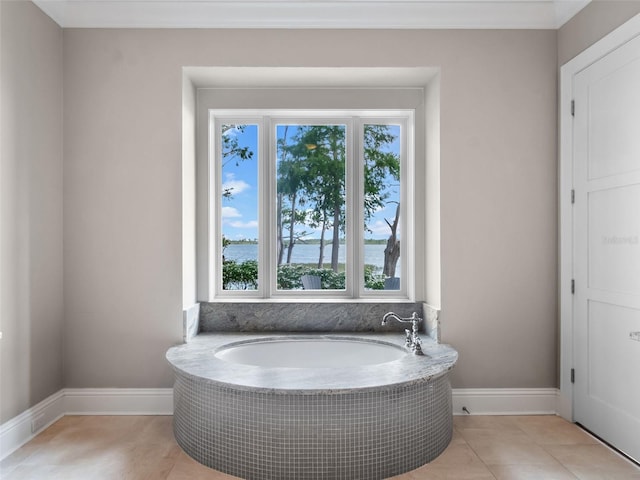 9916 Lone Tree Ln, Orlando, FL 32836 - bathroom with baseboards, a bath, and a water view