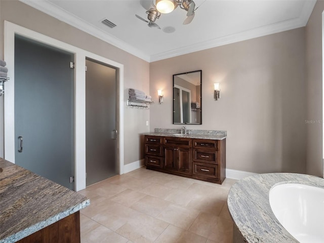9916 Lone Tree Ln, Orlando, FL 32836 - bathroom with vanity, ceiling fan, crown molding, baseboards, and a bathtub