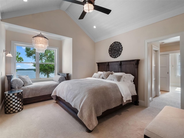 9916 Lone Tree Ln, Orlando, FL 32836 - bedroom with light colored carpet, a chandelier, lofted ceiling, ceiling fan, and baseboards