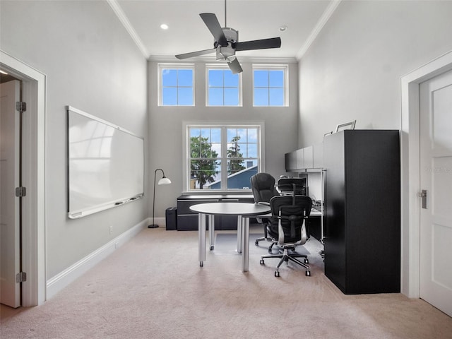 9916 Lone Tree Ln, Orlando, FL 32836 - office space featuring ornamental molding, light colored carpet, ceiling fan, baseboards, and a towering ceiling