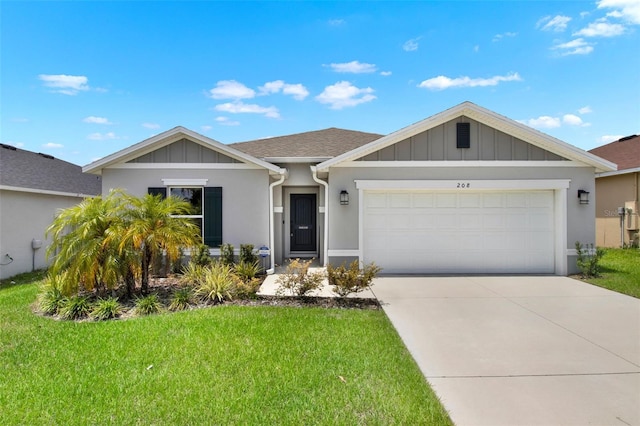 208 Summerlin Ln, Haines City, FL 33844 - ranch-style home featuring a front lawn, concrete driveway, an attached garage, and board and batten siding