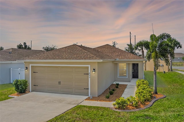 490 Pentas Ln, Haines City, FL 33844 - ranch-style house featuring a garage, stucco siding, driveway, a lawn, and roof with shingles