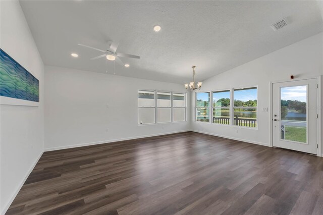1040 20th St, Orlando, FL 32805 - unfurnished dining area with a chandelier, ceiling fan, recessed lighting, dark wood-style flooring, and lofted ceiling