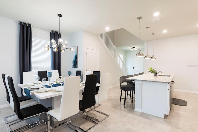dining space featuring stairway, baseboards, a chandelier, and recessed lighting