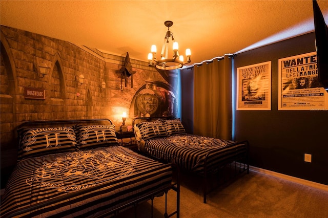 carpeted bedroom featuring a chandelier
