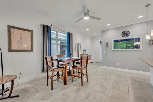 3149 Songbird Cir, Harmony, FL 34773 - dining area with crown molding, baseboards, a ceiling fan, recessed lighting, and light tile patterned flooring
