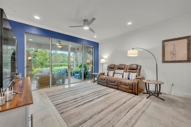 3149 Songbird Cir, Harmony, FL 34773 - living room with crown molding, ceiling fan, tile patterned flooring, baseboards, and recessed lighting