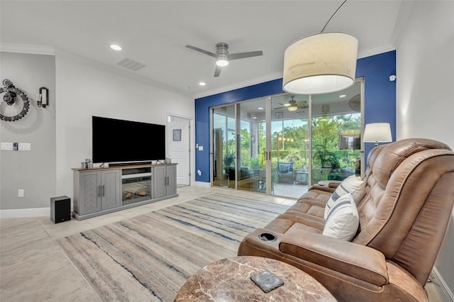 3149 Songbird Cir, Harmony, FL 34773 - living area featuring a ceiling fan, ornamental molding, baseboards, and recessed lighting