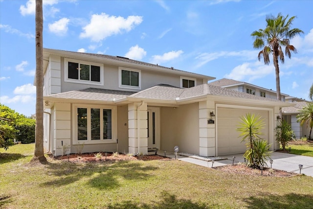 8522 Blue Horizon Ct, Kissimmee, FL 34747 - view of front facade with a garage, a front yard, concrete driveway, stucco siding, and a shingled roof