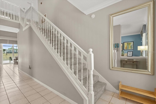 8522 Blue Horizon Ct, Kissimmee, FL 34747 - stairway featuring tile patterned flooring, ornamental molding, and baseboards