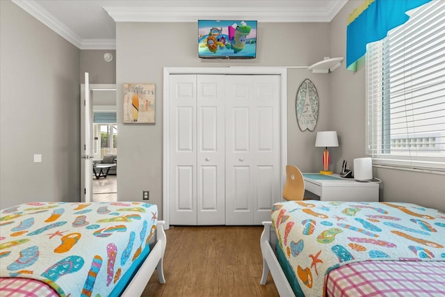 8522 Blue Horizon Ct, Kissimmee, FL 34747 - bedroom with wood finished floors, a closet, and crown molding