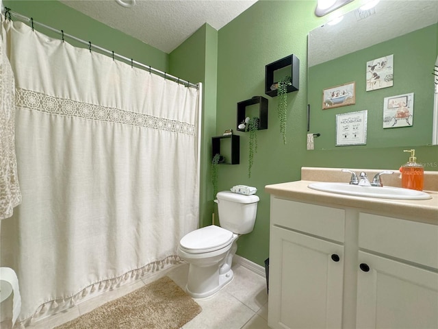 318 Briarbrook Ln, Haines City, FL 33844 - bathroom featuring a textured ceiling, tile patterned flooring, toilet, vanity, and a shower with shower curtain