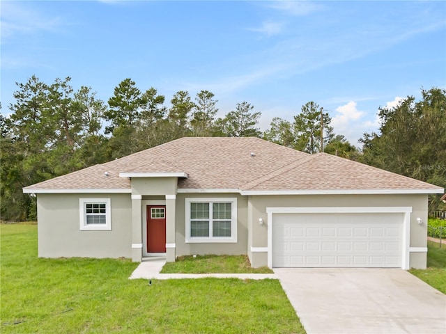 521 Marion Oaks Ln, Ocala, FL 34473 - ranch-style house featuring roof with shingles, a front yard, driveway, a garage, and stucco siding