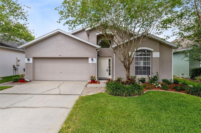 516 Brett Ct, Orlando, FL 32828 - view of front of property with stucco siding, a garage, concrete driveway, and a front lawn