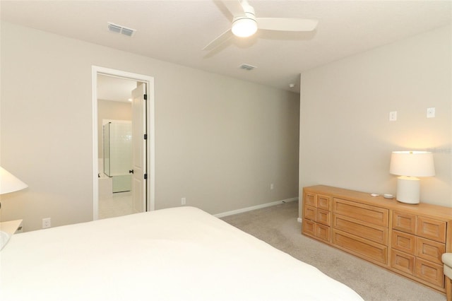 bedroom with light carpet, baseboards, and a ceiling fan
