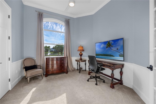 5025 Down Point Ln, Windermere, FL 34786 - carpeted office featuring wainscoting, ornamental molding, and ceiling fan