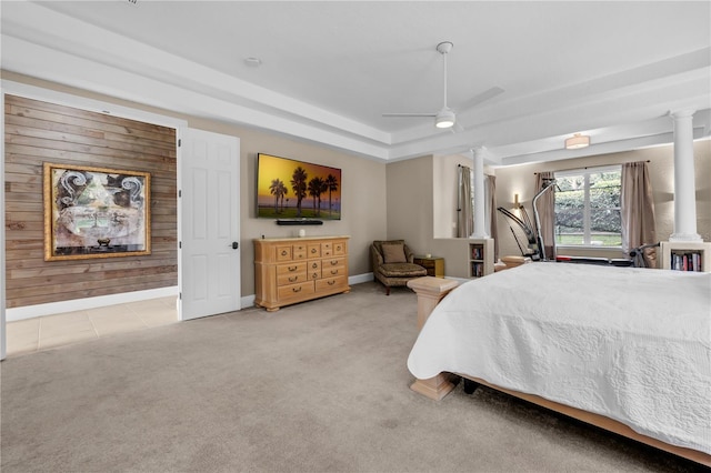 5025 Down Point Ln, Windermere, FL 34786 - carpeted bedroom featuring baseboards, ceiling fan, and decorative columns