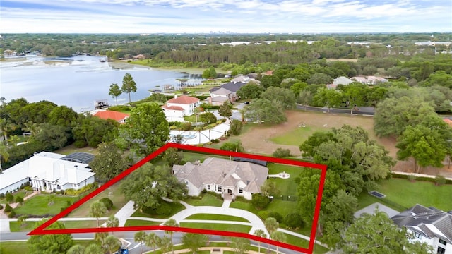 5025 Down Point Ln, Windermere, FL 34786 - aerial view of residential area featuring a large body of water and property parcel outlined