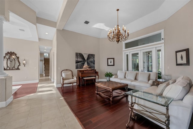 5025 Down Point Ln, Windermere, FL 34786 - living room with a chandelier, baseboards, a towering ceiling, recessed lighting, and light tile patterned flooring