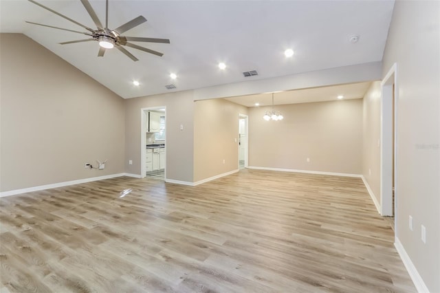 4265 Old Colony Rd, Mulberry, FL 33860 - spare room featuring a ceiling fan, a chandelier, recessed lighting, light wood-style flooring, and lofted ceiling