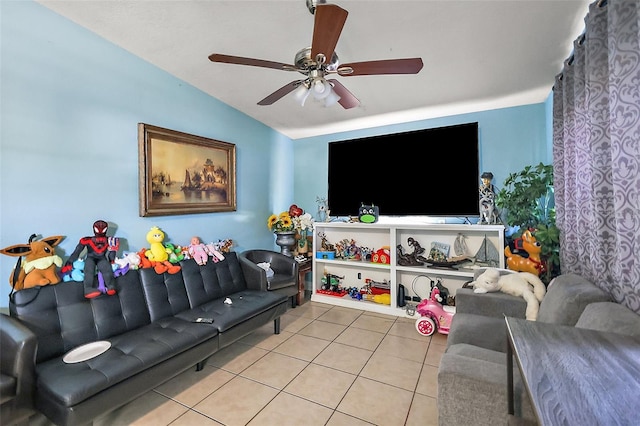 1508 Roger Babson Rd, Orlando, FL 32808 - living room with light tile patterned floors, vaulted ceiling, and ceiling fan