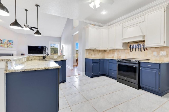 1837 Sweetwater W Cir, Apopka, FL 32712 - kitchen with stainless steel range with electric cooktop, ceiling fan, blue cabinets, and lofted ceiling