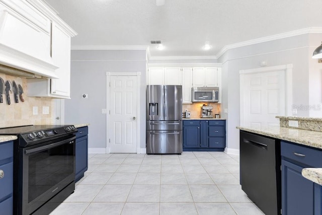 1837 Sweetwater W Cir, Apopka, FL 32712 - kitchen featuring black appliances, blue cabinets, backsplash, white cabinets, and ornamental molding