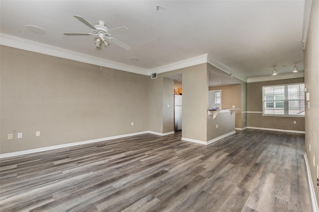 6611 Time Square Ave Unit 103, Orlando, FL 32835 - unfurnished living room featuring ceiling fan, baseboards, dark wood finished floors, and ornamental molding