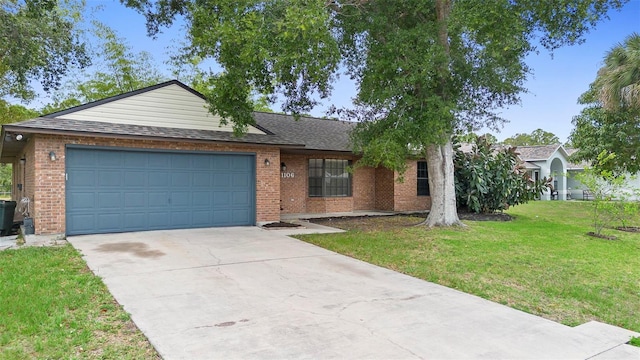 1106 Alpine Ave NW, Palm Bay, FL 32907 - ranch-style home with brick siding, an attached garage, driveway, a front yard, and a shingled roof