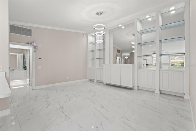 11863 Delfina Ln, Orlando, FL 32827 - unfurnished dining area featuring baseboards, ornamental molding, light marble finish floors, and recessed lighting