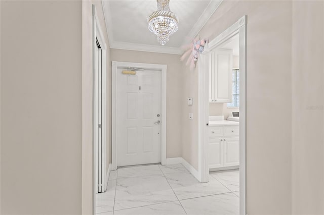 11863 Delfina Ln, Orlando, FL 32827 - entrance foyer with light marble finish floors, crown molding, a chandelier, and baseboards