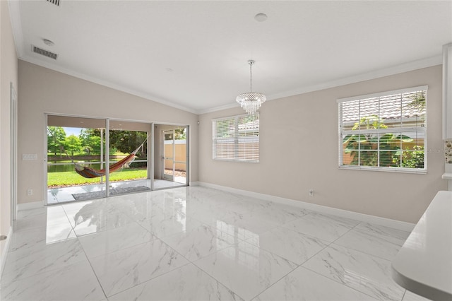 11863 Delfina Ln, Orlando, FL 32827 - empty room with marble look tiles, baseboards, crown molding, healthy amount of natural light, and vaulted ceiling