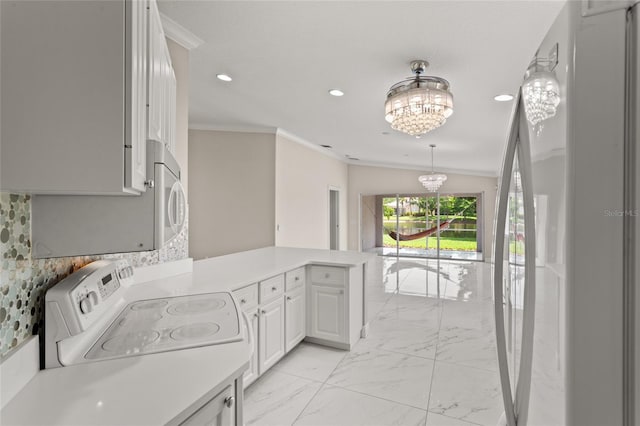 11863 Delfina Ln, Orlando, FL 32827 - laundry room featuring a chandelier, light marble finish flooring, ornamental molding, and recessed lighting