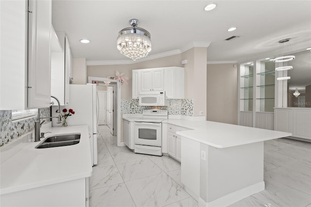 11863 Delfina Ln, Orlando, FL 32827 - kitchen featuring white appliances, a peninsula, light marble finish flooring, ornamental molding, and white cabinets