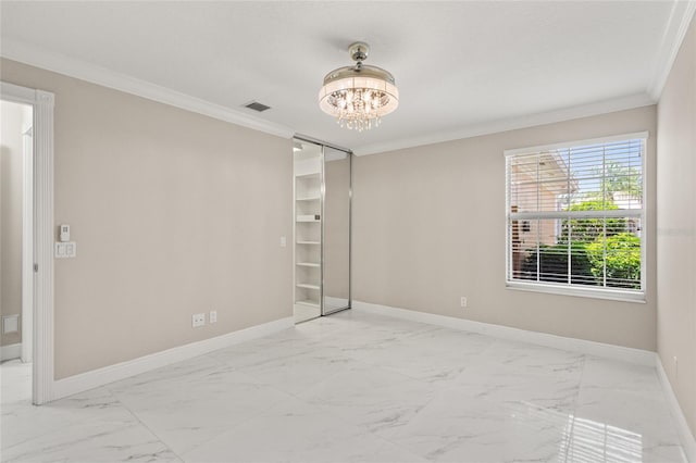 11863 Delfina Ln, Orlando, FL 32827 - unfurnished bedroom with light marble finish flooring, baseboards, crown molding, and a chandelier