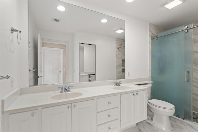 11863 Delfina Ln, Orlando, FL 32827 - full bath with recessed lighting, toilet, a shower stall, double vanity, and marble finish floors