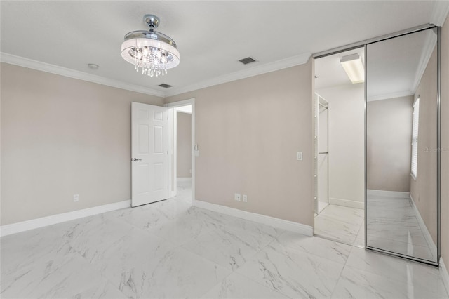 11863 Delfina Ln, Orlando, FL 32827 - unfurnished bedroom featuring baseboards, light marble finish flooring, crown molding, and a chandelier
