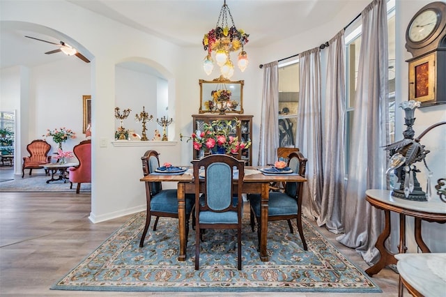 8721 Crystal Creek Ct, Land O Lakes, FL 34638 - dining area featuring wood finished floors, baseboards, a ceiling fan, and arched walkways