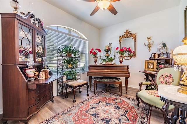 8721 Crystal Creek Ct, Land O Lakes, FL 34638 - living area with a ceiling fan, lofted ceiling, light wood-type flooring, and baseboards