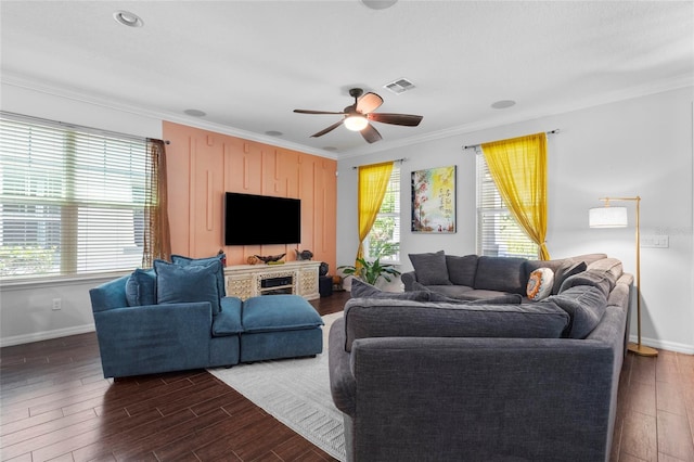 308 Michael Blake Blvd, Winter Springs, FL 32708 - living room featuring a ceiling fan, dark wood-style floors, baseboards, and ornamental molding