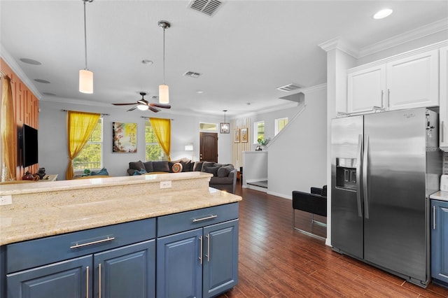 308 Michael Blake Blvd, Winter Springs, FL 32708 - kitchen with stainless steel fridge with ice dispenser, blue cabinets, crown molding, white cabinetry, and dark wood-type flooring