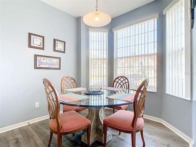 dining space with healthy amount of natural light, baseboards, and wood finished floors