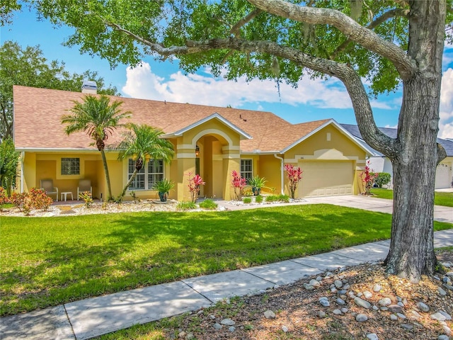 ranch-style home featuring stucco siding, an attached garage, a front yard, concrete driveway, and a chimney
