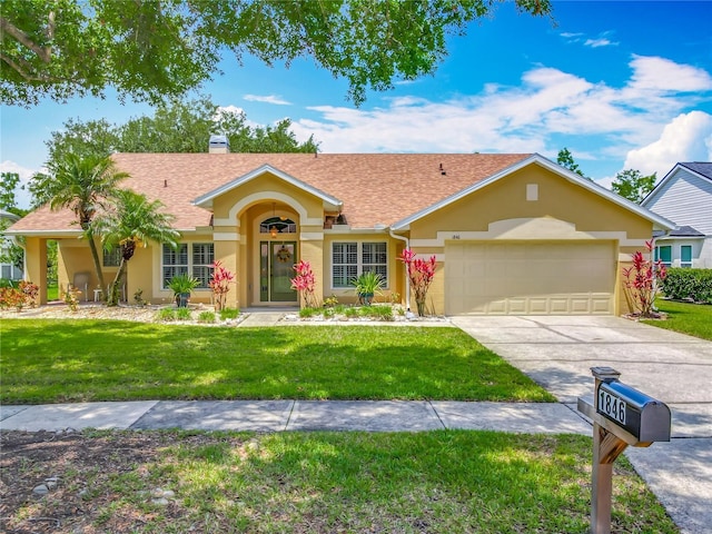 ranch-style house featuring a garage, stucco siding, driveway, a chimney, and a front yard