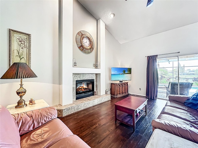 living room featuring wood finished floors, a premium fireplace, and high vaulted ceiling